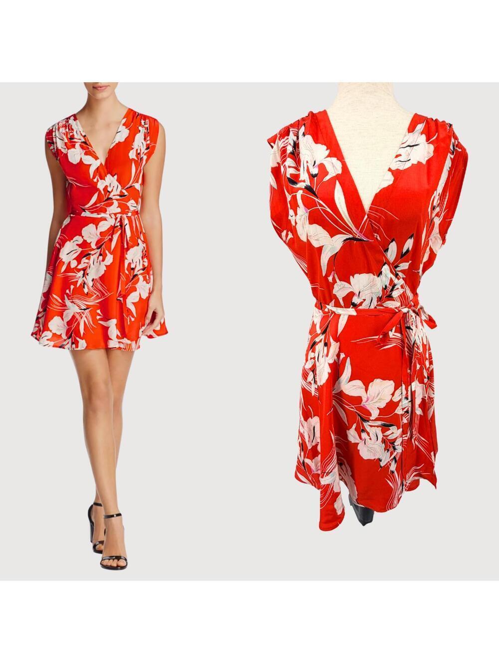 Yumi Kim Silk Wrap Dress Red Floral Mini M Romantic